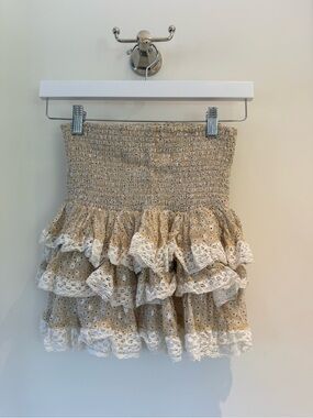 Smocked Ruffle Mini Skirt in Beige Eyelet with Lace Trim